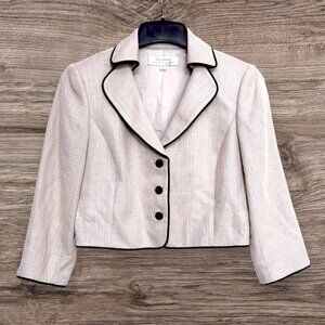TAHARI Textured Beige Tan Black Trim 3 Button Cropped Fitted Blazer Jacket 4
